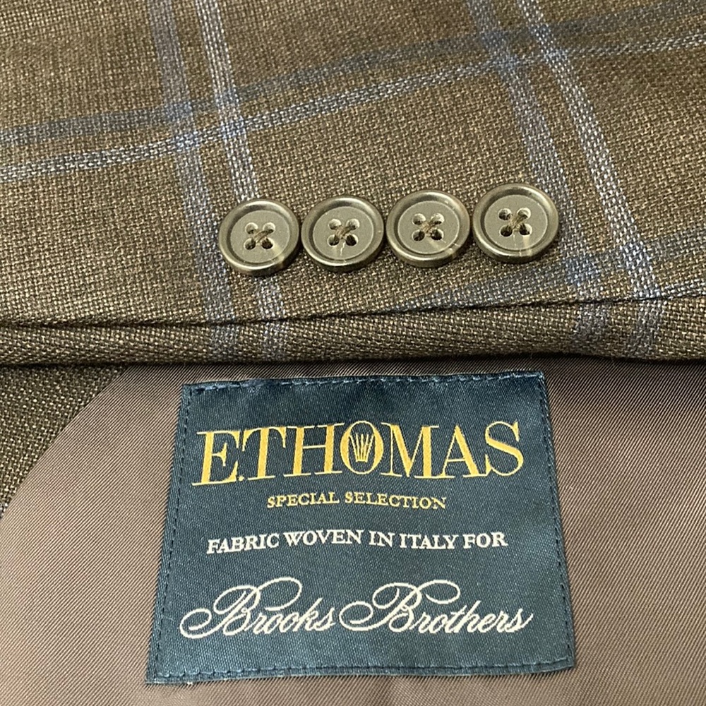 Brooks Brothers Sport Coat Mens 40R Brown Blue Windowpane Merino Wool Blazer